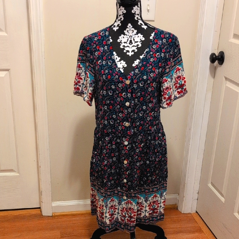 NWOT Temofon Navy Blue/ Teal/ Red/ Pink/ White Floral Print Midi Dress, Size M